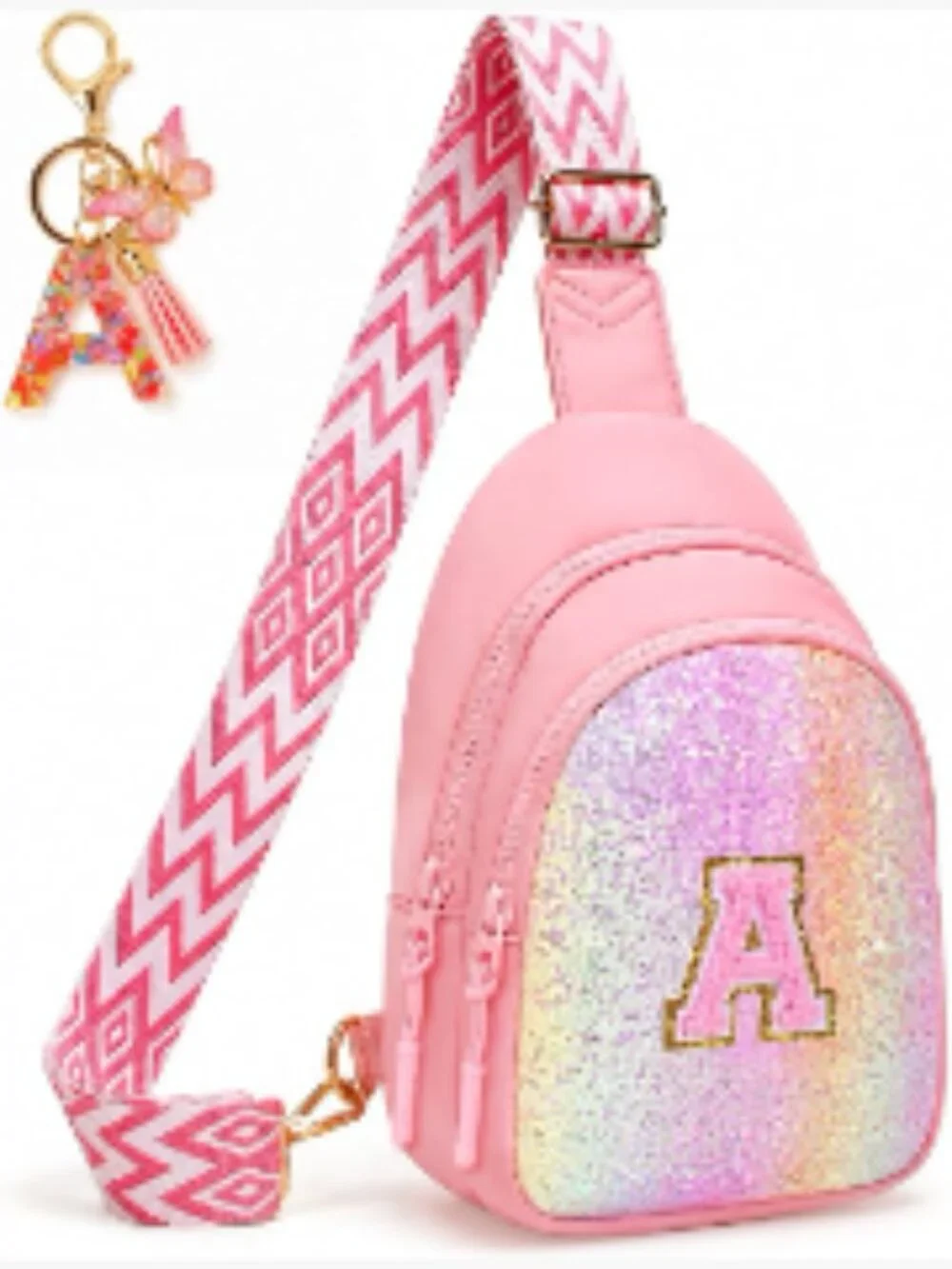 Girls Initial Crossbody Sling Bag with Keychain, Water-Resistant Faux Leather,